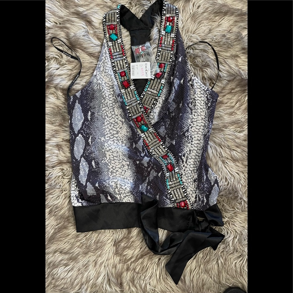 BEBE Snake print beaded tie waist blouse Size (XS)